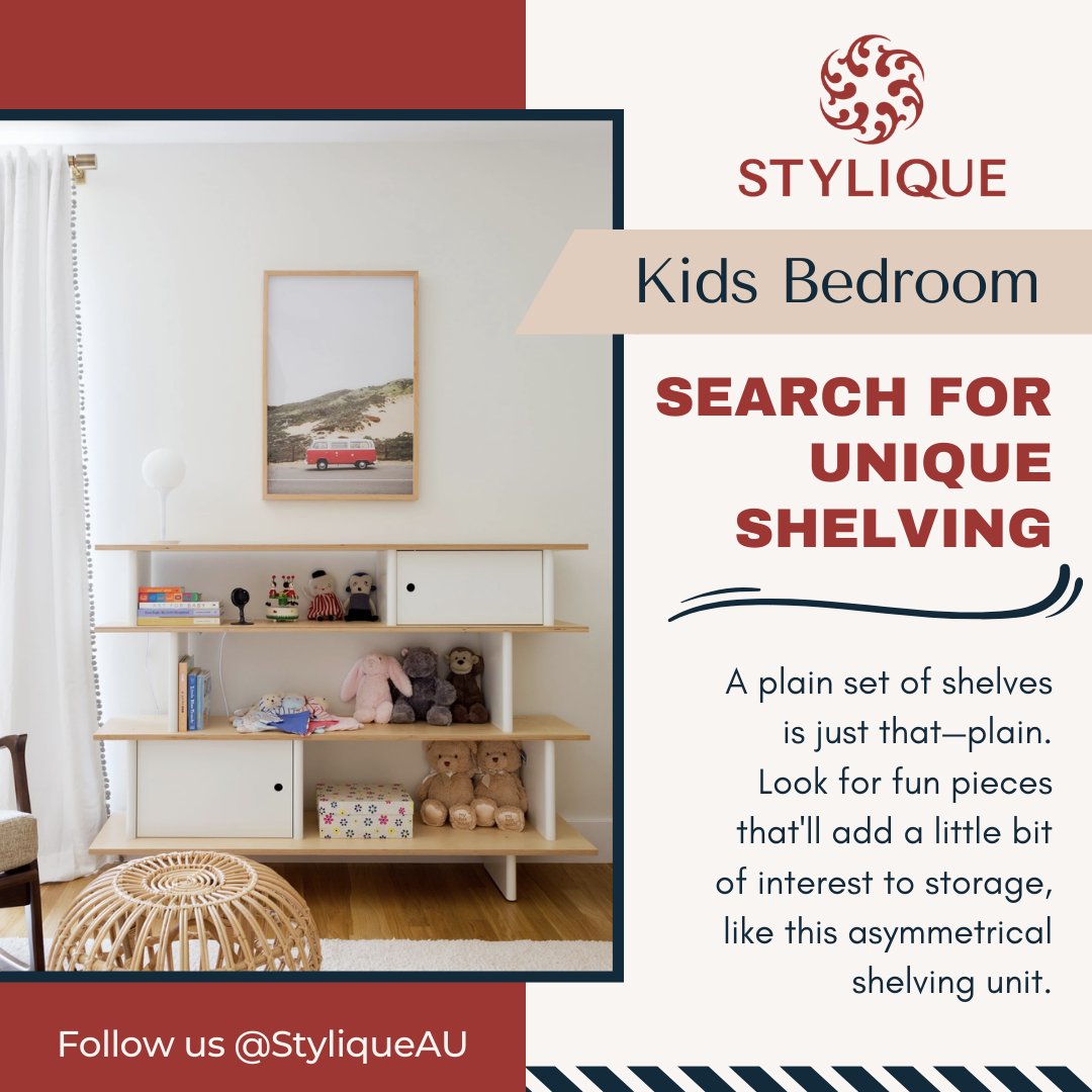 A plain set of shelves is just that—plain. Look for fun pieces that'll add a little bit of interest to storage, like this asymmetrical shelving unit.😍

#kidsbedroomideas #kidsdesign #kidsroominspiration #kidsroom #kidsroomdecor #kids #interiordesign #babyroom #kidsroominspo