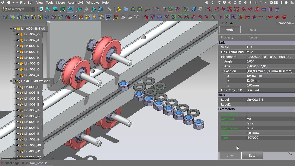 In one image: <a href="/FreeCADNews/">FreeCAD (CAD+CAM+FEA)</a> #LinkStage3 , FastenersWorkbench, Assembly3Workbench, links, shadow display mode and overlay interface. 

Thank you so much FreeCAD devs :)