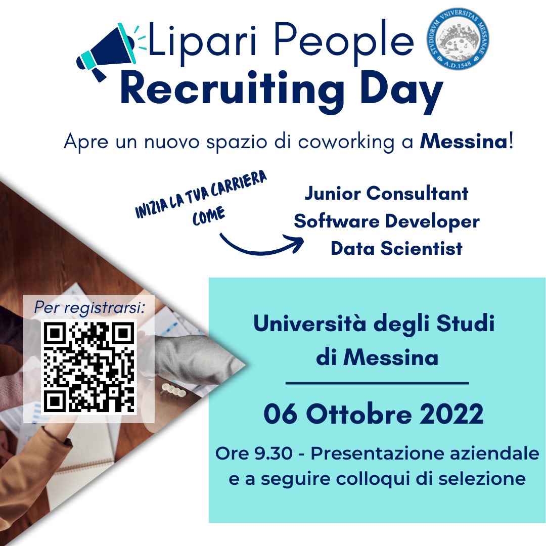 DipIngUnime's tweet photo. Il gruppo Lipari People incontra gli studenti @unimessina il 06 ottobre per raccontare il mondo della consulenza #IT &amp; #Business.
Presentazione aziendale alle ore 9:30 presso il Dipartimento di Ingegneria. Seguiranno i colloqui di selezione. 
https://t.co/qvZGFA6vm5 https://t.co/gWXTQ0hrUt