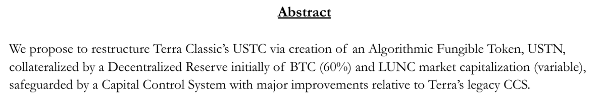 すげーこと書いてるぞ

#USTC の価値を復活させるために
#AFT の仕組みを持つトークンを新たに作成
#USTN と名付けるぜ

担保として60%を #BTC から、
残りを #LUNC から補填する
(variableということは変動するんだろうな）

これは非常に難解な気はするけど
英語はわかるから進めて行くぜ