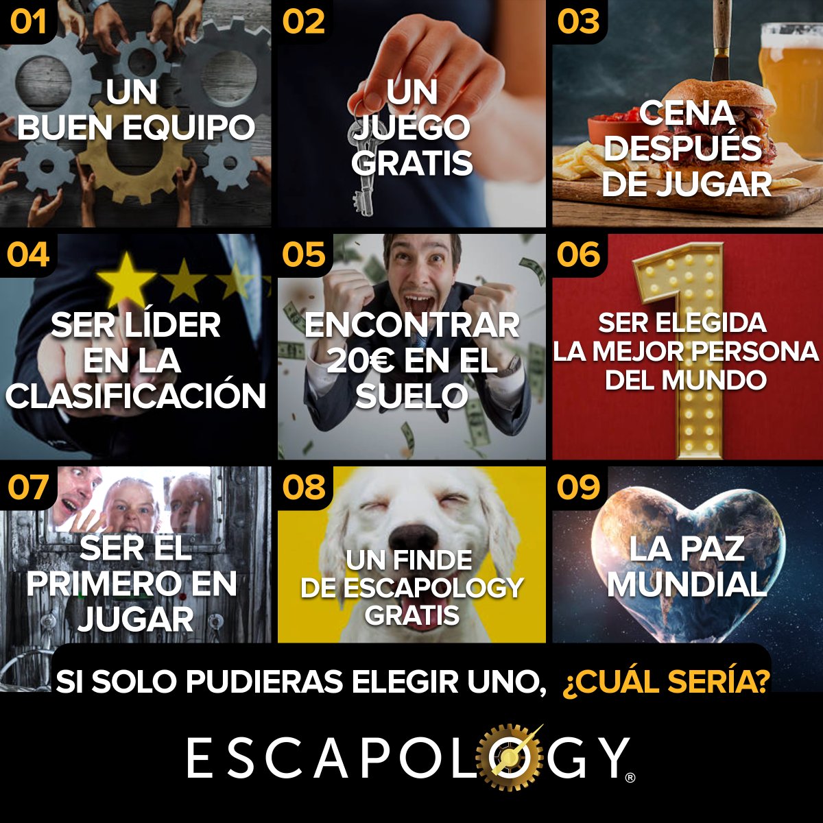 EscapologyL's tweet photo. Este primer lunes de octubre el equipo escapology nos hemos levantado curiosos 😜 😜 ¡Y queremos saber!

Si te dieramos a elegir alguna de estas opciones en tu experiencia de #escaperoom con nosotros, ¿cuál escogerías? Déjanos un comentario y cuéntanoslo 💬 https://t.co/UCyqmv3eoC