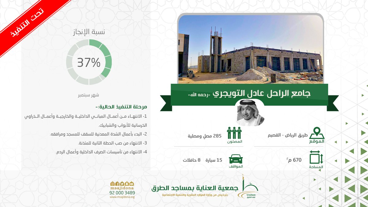 msajidona's tweet photo. 🛠️

تقرير جامع الراحل #عادل_التويجري -رحمه الله- 

لشهر:
سبتمبر 2022م 
صفر 1444هـ 
الواقع على طريق #الرياض - #القصيم 

نسبة الإنجاز: 37%

للمساهمة في إكمال المبلغ: 👇
🔗 https://t.co/3aXYNYtbto  

#مساجدنا_على_الطرق https://t.co/PNDlLS32Kw
