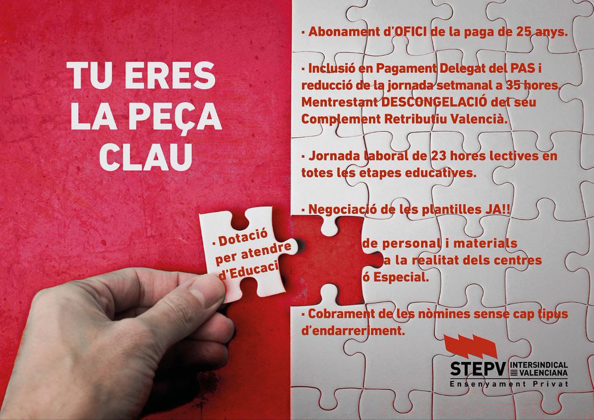 STEPV_Iv's tweet photo. STEPV-Iv PRIVADA-CONCERTADA.

📍 STEPV-Iv llança el cartell amb les reinvidicacions més rellevants de la campanya electoral.

#SempreAlTeuCostat

🗝️TU ERES LA PEÇA CLAU!

@IntersindicalV 
@PrivadaStepv https://t.co/68w83D08qN