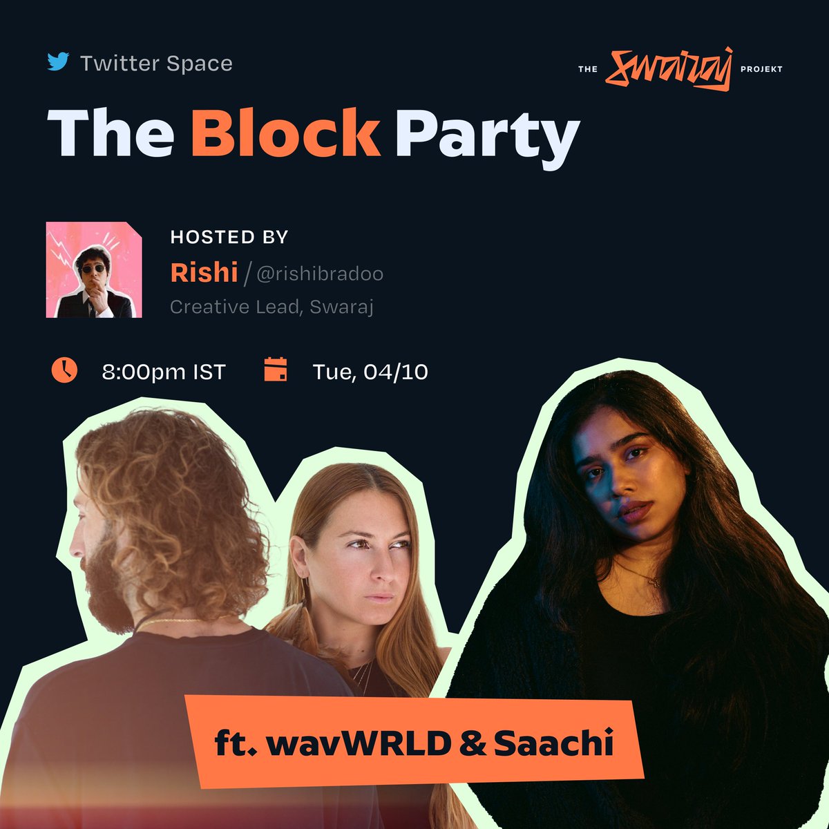 Musical duo, couple, web3 creative powerhouse and builders of @wavWRLD_ - Karma (@karmawav) & Violetta (@violettagotwavs) are hopping by Swaraj. Join their chat with our artist Saachi (@Heyitssaach) as they talk about creating music, with freedom & without borders. Tomo @ 8 PM.
