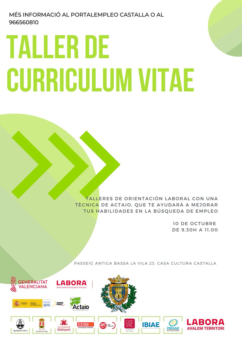 AytoCastalla's tweet photo. ✅ Participa en el #TallerCurriculumVitae d’orientació laboral amb una tècnica de #ACTAIO, que ajudarà a la població desocupada de #Castalla a millorar les habilitats de cerca de treball. 📂👤
🗓️ 10 d’octubre de 9:30 a 11 h a la Casa de Cultura.
@ACTAIO
@GVAlabora @generalitat https://t.co/cChcxsGjmA