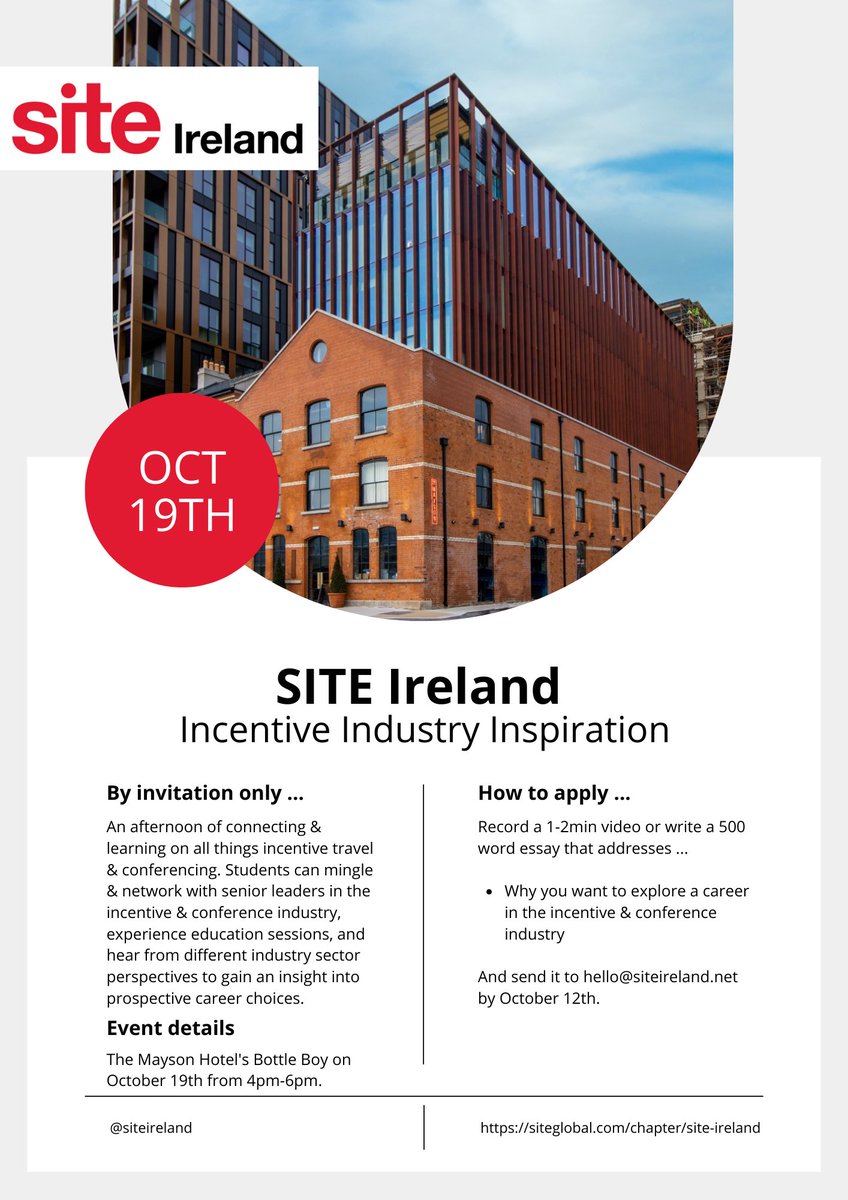 SITE Ireland is inviting Tourism &amp; Hospitality students interested in pursuing a career in the incentive and conferencing industry, to meet, mingle and chat with the senior members of the industry. 

Event info >> eventbrite.ie/e/incentive-in…