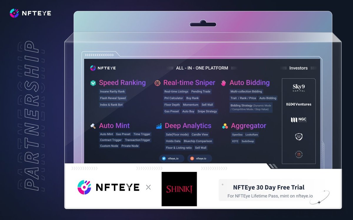 We are thrilled to announce our latest partnership with <a href="/nfteye_io/">NFTEye</a> an all-in-one NFT analytics and trading platform!

Check out the Shiniki collection with detailed data analytics on NFTEye
nfteye.io/collections/sh…