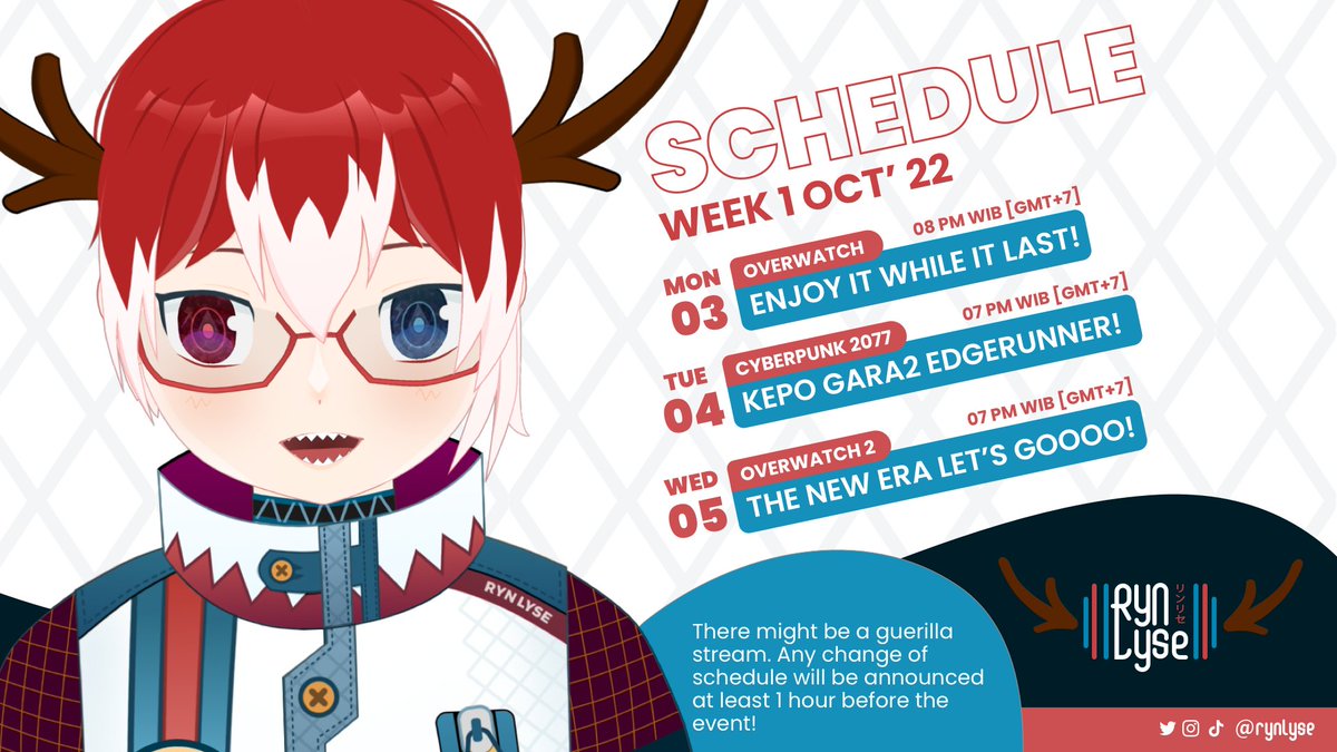 RynLyse's tweet photo. This week's schedule! 
See ya soon!

YT: https://t.co/mLLeNp4tji

RT is appreciated 🙏❤️

General: #RynLyse
Live &amp; Clips: #RynLive
Fanart: #RynLine
Memes: #RynLMAO
Fan Name: #RynDear https://t.co/ldhBshgQUI