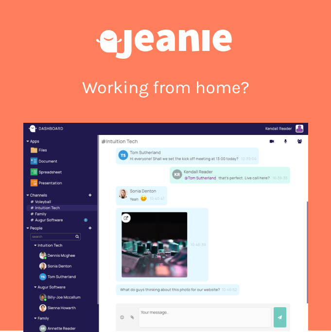 Need an easy work from home solution? Want to connect and collaborate with your team in the same space?
Jeanie offers Chat channels, Video conferencing, Storage and Document apps for your teams.
Everything is combined in one tab. tinyurl.com/2y8x7dyh
#Team