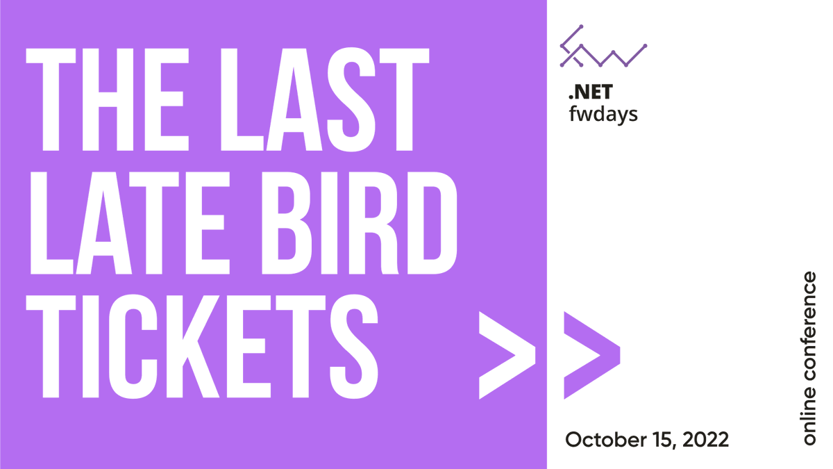 Time to buy tickets to the #dotnetfwdays ’22 conference 😎

Till 5 October inclusive  you can receive:
"Full Online" Ticket for € 49

On October 6 the price will be increased, you know what to do 👉 bit.ly/3qHUrJa