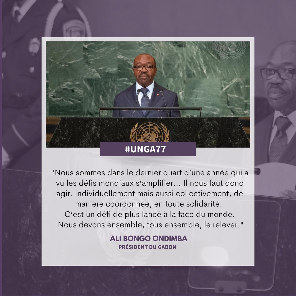 A (re) découvrir, le puissant message prononcé par le <a href="/PresidentABO/">Ali Bongo Ondimba</a> à l’occasion de la 77ème Assemblée Générale des <a href="/UN/">United Nations</a> afin de rappeler que face aux conflits et aux crises multiples, nous devons faire preuve de solidarité. vu.fr/QgJo 
 #UNGA #Gabon