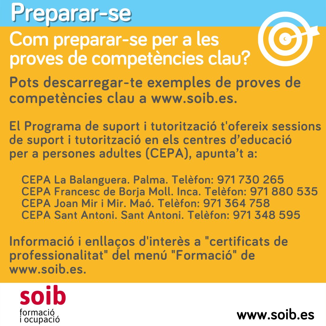 SOIBgoib's tweet photo. 📣Properes PROVES DE COMPETÈNCIES CLAU del mes d'OCTUBRE per accedir sense la titulació requerida als cursos de certificats de professionalitat de nivell 2 o nivell 3.
Aprofita els nostres PROs❗️
💪💪
ℹ️ Més informació https://t.co/iPcwTUMUaB
#SOIBSomPro #SomPro https://t.co/Etac9jSYMu