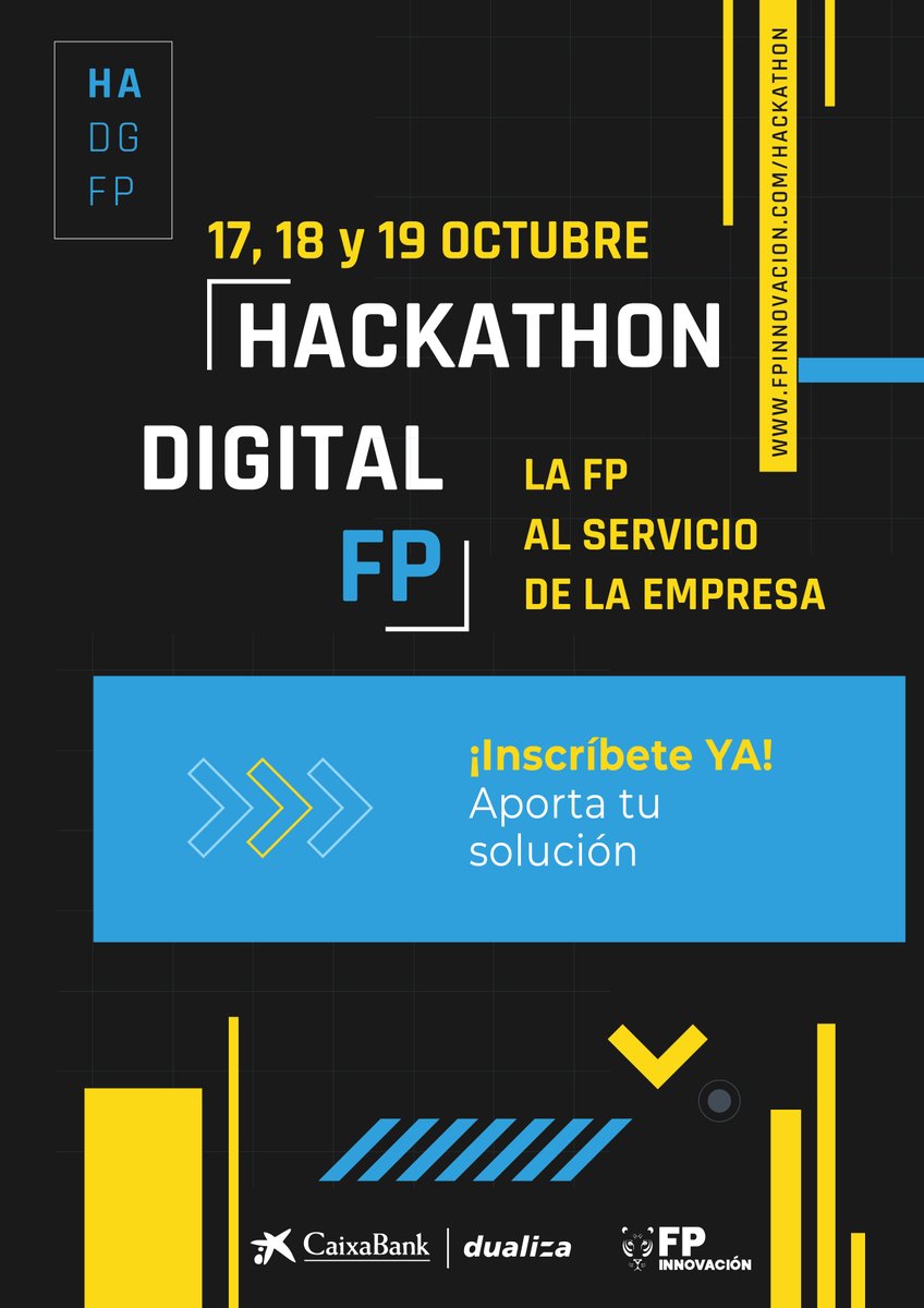 🤔¿Tienes inquietud por ayudar las problemáticas digitales a las que se enfrentan las pymes de nuestro país? Es el momento para mostrarnos tu talento🚀

💣 #HackathonDigitalFP organizado por <a href="/CABK_Dualiza/">CaixaBank Dualiza</a>  y <a href="/FPinnovacion/">FPiE+ Emprendimiento Aumentado</a> 

➡️ bit.ly/hackaDigitalFP 
📧 eventos@fpinnovacion.com