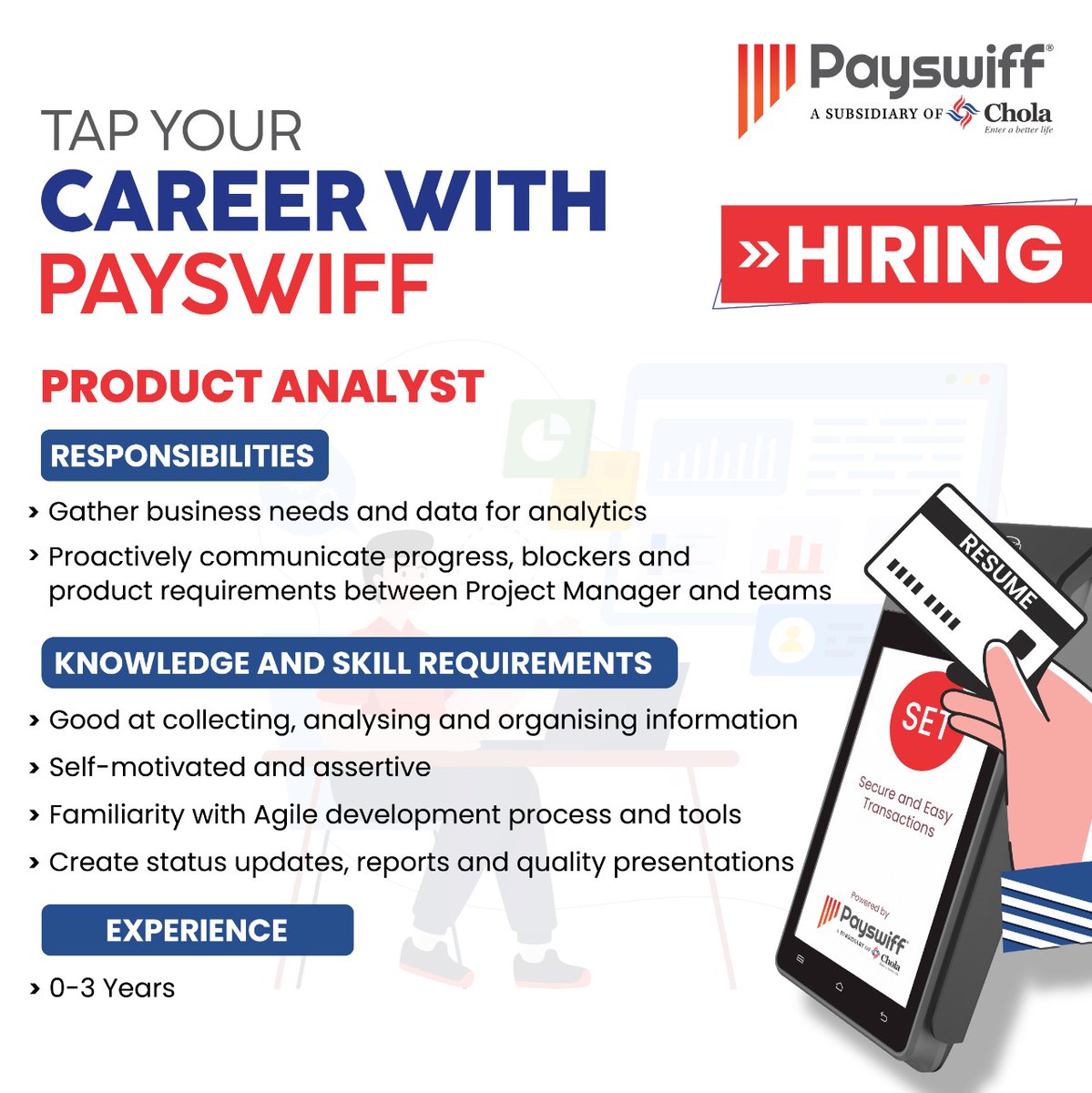 We are looking for an enthusiastic Product Analyst to join us. People with relevant experience & skills mail us on: hr@payswiff.com
#joinpayswiff #product #hiringproductanalyst #productanalyst #fintech #digitalpayments #fintechjob #jobsforyou #hiring #payswiffindia #recruitment