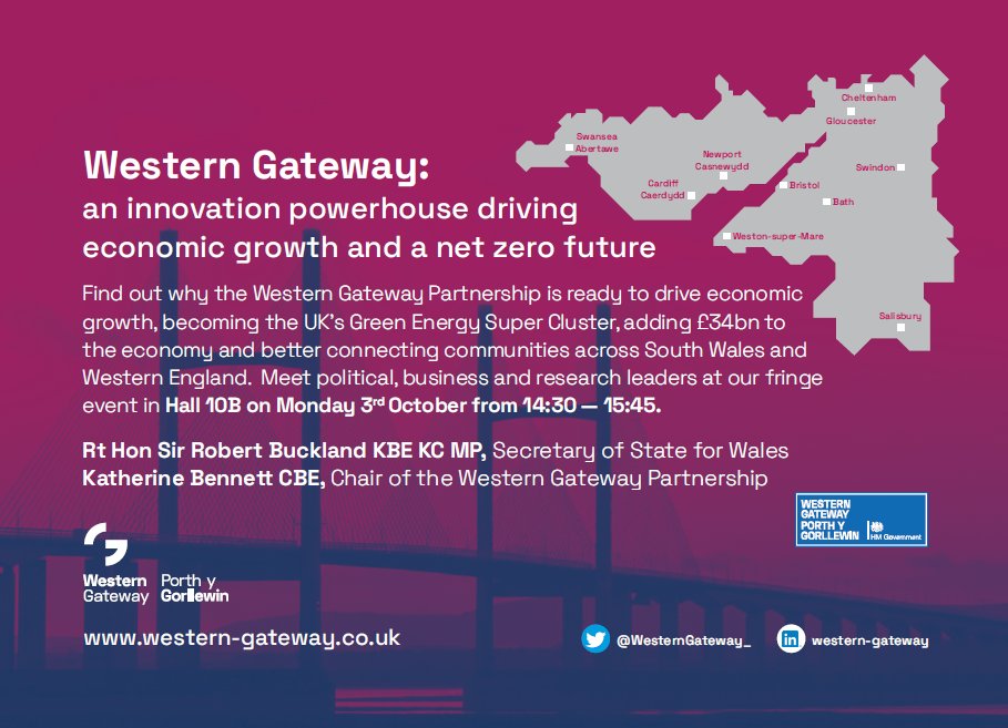 Are you heading to #CPC22? Find out why #WesternGateway is ready to drive growth, become a Green Energy Super Cluster for the UK and add £34bn+ to the economy. Head to Hall 10B at 2:30pm today to hear from @RobertBuckland @Westminstrwings and more!