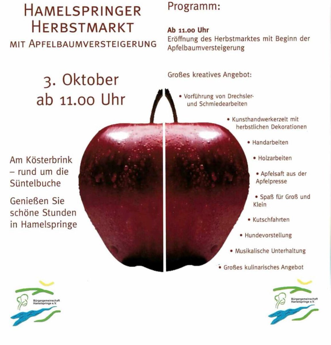 🔴Allgemein:
Gleich startet in Hamelspringe der Herbstmarkt, welcher von der Bürgergemeinschaft Hamelspringe organisiert wird.
Wenn ihr Lust auf Handwerk, Schmiedearbeiten, Kutschfahrten und vieles mehr habt, dann kommt vorbei ✌️

#herbstmarkt 
#Handwerk
#leckeressen