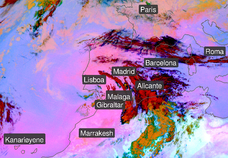 Har du lagt høstferien til sydligere strøk?🍁 Et lavtrykk ved Gibraltar blåser Saharaluft inn over den Iberiske halvøy og gir mye støv i luften over Spania og Portugal nå. På satellittbildet er alt støvet farget rosa 😱 Det røde og svarte er høye isskyer 🤓