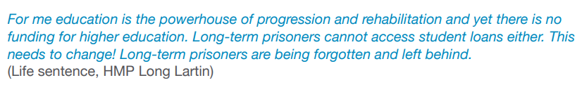 Good to see this new @PRTuk report focusing on what 'progression' means for people serving long sentences, which highlights the important role that education can play. But this quote is a reminder of why @MoJGovUK was wrong not to scrap the six-year rule. prisonreformtrust.org.uk/publication/ma…
