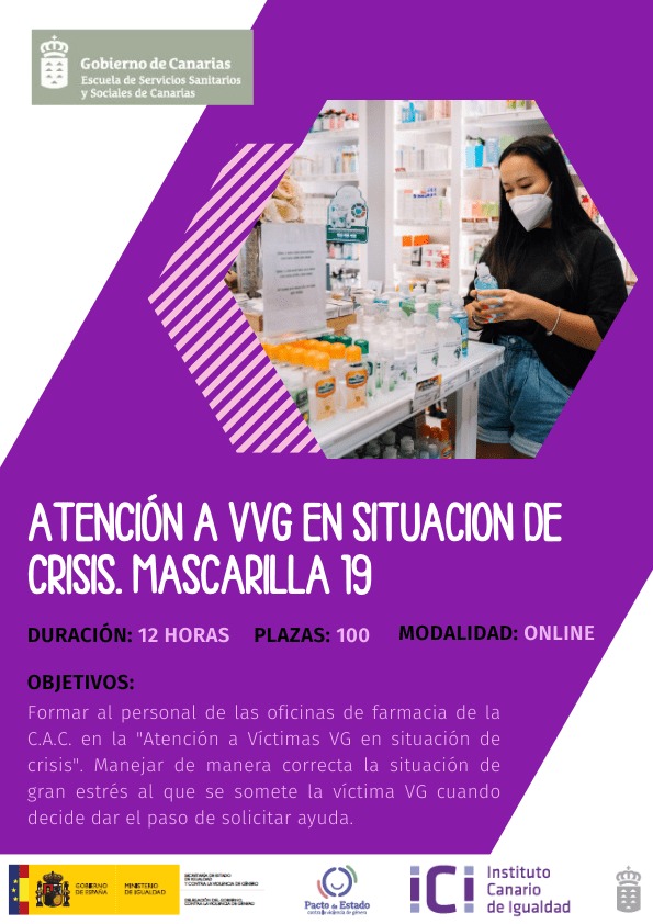 IgualdadGobCan's tweet photo. 🆕Desde hoy hasta el 16 de octubre la #ESSSCAN imparte, en modalidad online, el curso “Atención a VVG en situación de crisis. Mascarilla 19”.

🥼Está financiada por el #ICI y dirigida a profesionales que desempeñan funciones en oficinas de farmacia. https://t.co/NM9wpdCKFY