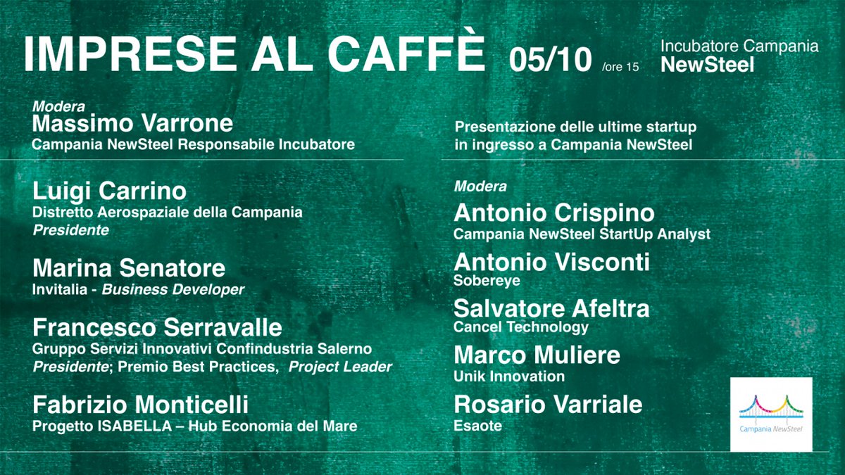 📌 Mercoledì #5ottobre a #Napoli torna “Imprese al caffè”, l’evento di #networking di <a href="/CNewsteel/">Campania NewSteel</a>, incubatore promosso da <a href="/cittascienza/">Città della Scienza</a>. Durante l'incontro è previsto un focus sugli incentivi di #Invitalia per le #startup innovative.
👉Info: lnkd.in/dtJUSj23