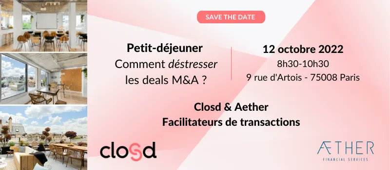 📅☕ Il est encore temps de vous inscrire au petit déjeuner organisé par <a href="/closd_legaltech/">Closd</a> et <a href="/AetherFS/">Aether Financial Services</a>. Rendez-vous mercredi 12 octobre à 8h30 (Paris 8e) pour échanger autour de la thématique "Comment déstresser les deals M&amp;A ?" ➡️ buff.ly/3y9OQzH 
#legaltech