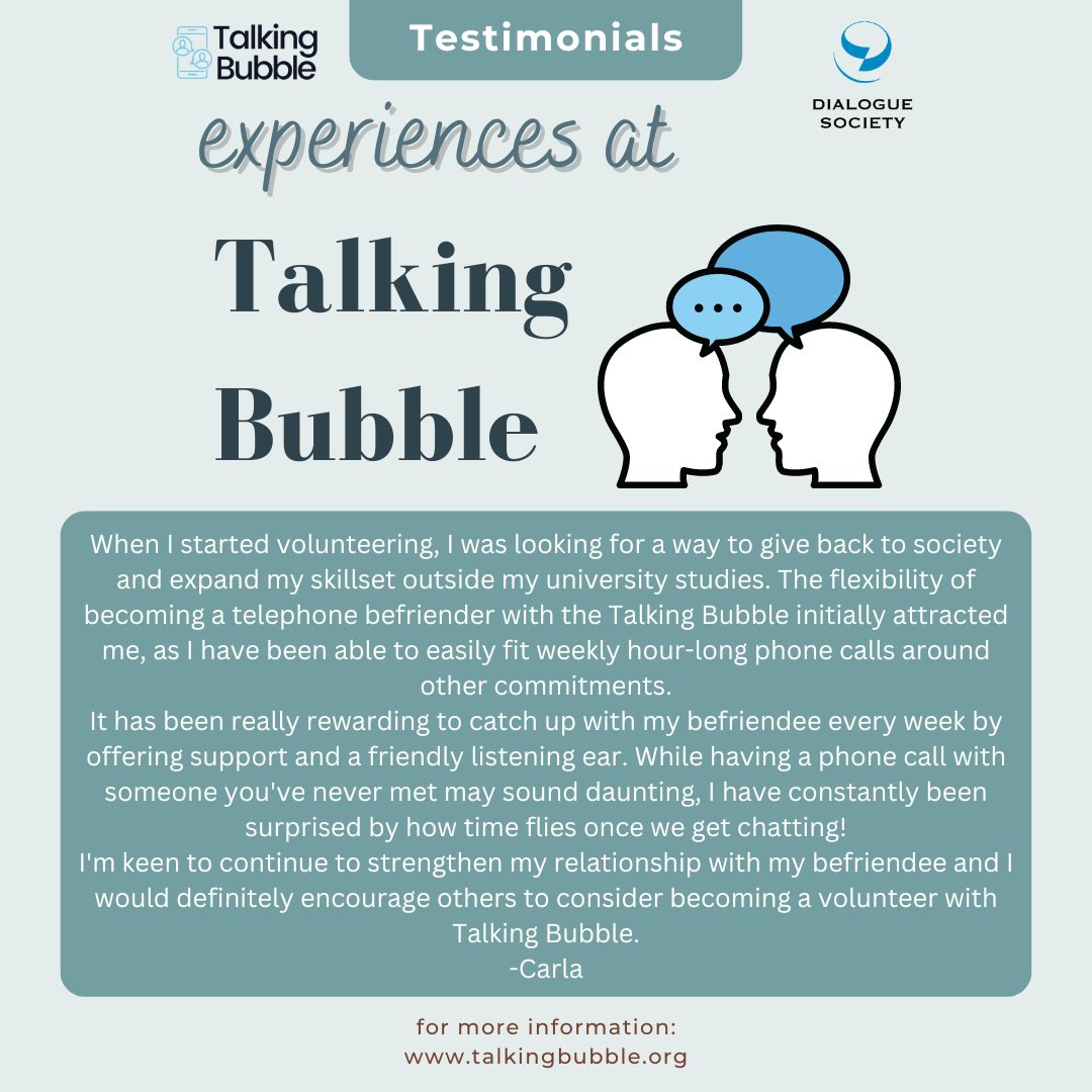 DialogueSociety's tweet photo. Make a change and combat loneliness today through our telephone befriending project, #TalkingBubble!
Here are two lovely testimonials from our volunteers, Carla and Havva! https://t.co/zh3ll8AhCf