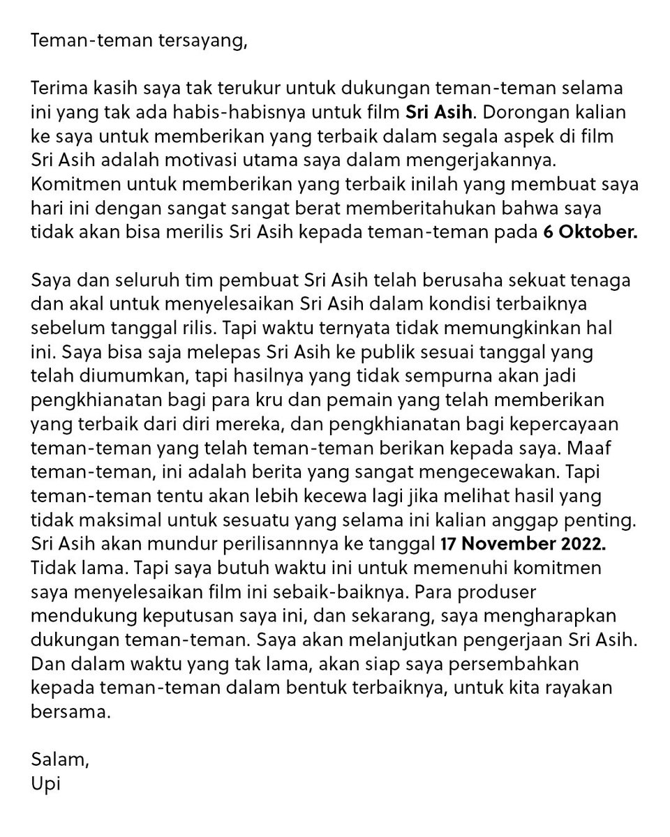 sriasihofficial's tweet photo. Salam, teman-teman. Dengan sangat berat hati kami harus mengumumkan ini. Maaf ya, teman-teman. Tapi ini adalah untuk yang terbaik. https://t.co/tk2fFl5P90