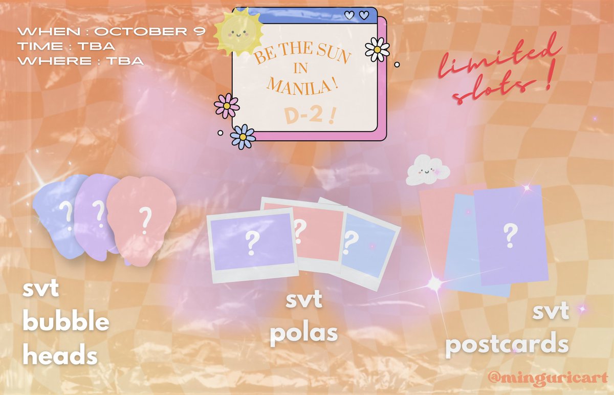 minguricart's tweet photo. ⌲ ꒰ 𖤐 ! #SEVENTEEN Be The Sun in MANILA giveaway D-2 ! ꒱

    ✬ [ hi ! i will be handing out freebies on October 9, BeTS concert D-2 ! open for anyone who will go to MOA, concert goers or team labas ! 🫶 ] ꒱ ↷🖇
 
#BeTheSuninMNL #BeTSinMNL https://t.co/1pErXblt43