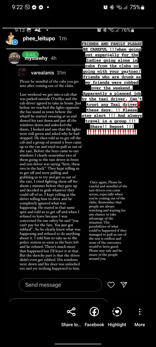 phee_leitupo's tweet photo. ‼️‼️
Repost from my IG story. Please stay alert for those going clubbing. Apparently taxi drivers are taking people and stopping at random locations where they are robbed off of everything they have. This happened to my friends over the weekend. Repost !! Share !! https://t.co/pGmbpIVEIB
