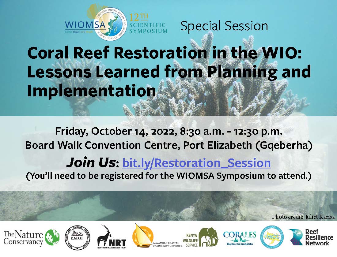 #Coral #reefs face multiple global and local #threats. Every action matters. 

Excited about this upcoming #WIOMSA special session on #reef #Restoration. 

Join us bit.ly/Restoration_Se…

<a href="/ReefResilience/">Reef Resilience</a> <a href="/KmfriResearch/">KMFRI</a> @kwskenya <a href="/MwambaoCCN/">Mwambao Coastal Community Network Tanzania</a> @University_MU <a href="/SeyCCAT/">SeyCCAT</a> <a href="/coralesdepaz/">Corales de Paz</a>
