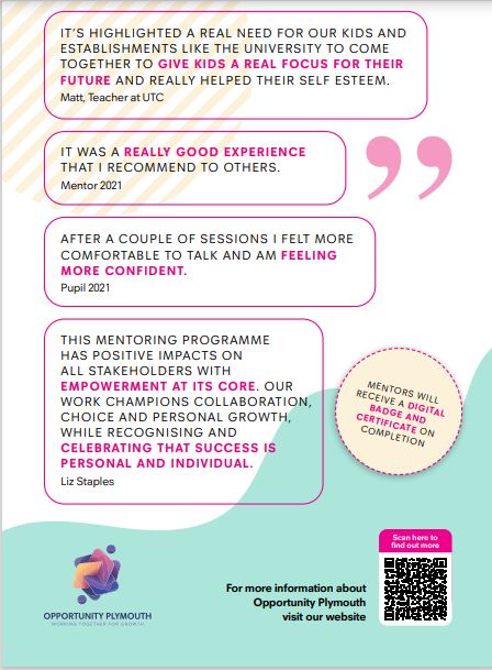 PlymUniIOE's tweet photo. Opportunity Plymouth - An empowering #mentorshipproject where #undergraduatestudents of Education become #mentors to Year 10 school pupils
Developed by @SuanneGibson ,  Annette Goddard , and Liz Staples.
https://t.co/KpwDZYoZQL https://t.co/WNGxRftrJ8