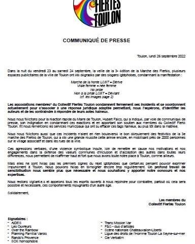 [Communiqué de Presse]
Les associations membres du Collectif Fiertés Toulon condamnent fermement ces incidents et se coordonnent actuellement pour s’associer à une réponse juridique adaptée.
Télécharger le communiqué de presse:
drive.google.com/file/d/1XuC31l…