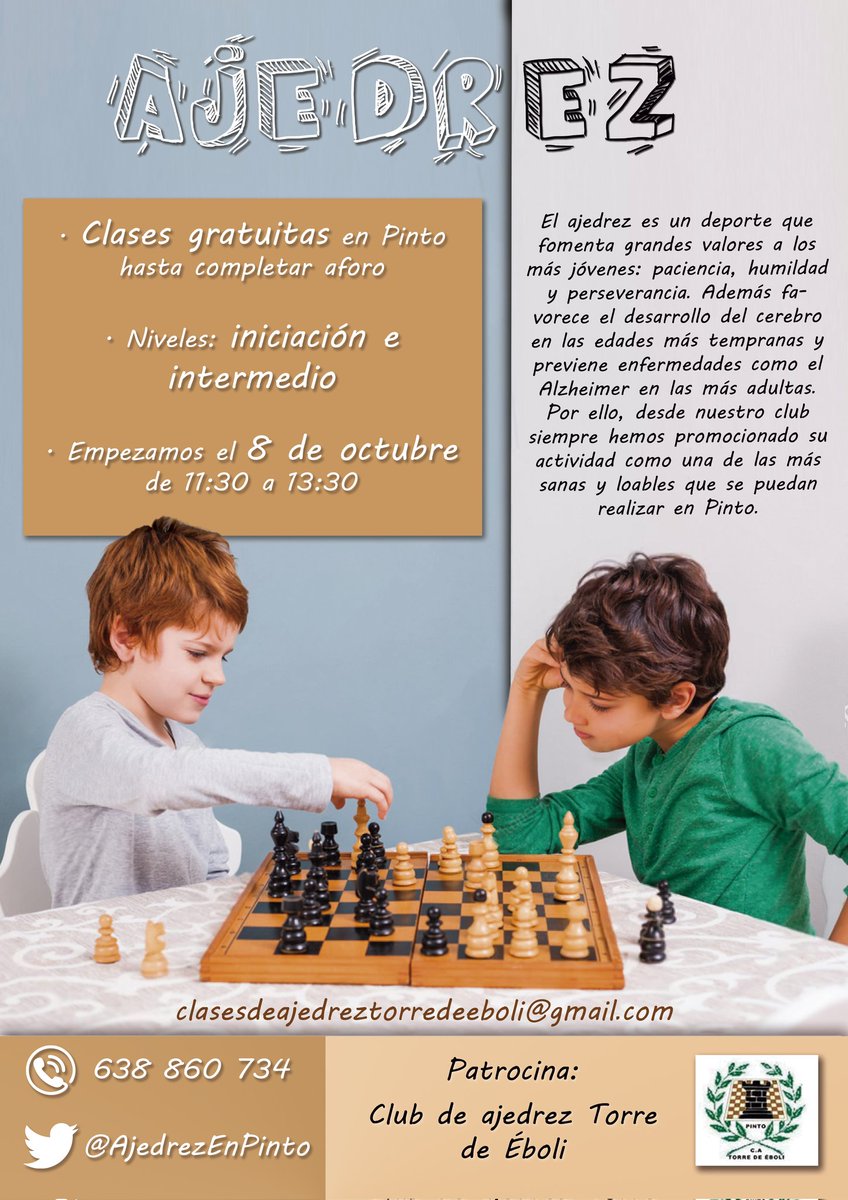 Tras 2 años de inactividad volvemos con las clases para niños! <a href="/AytoPinto/">Ayuntamiento de Pinto</a>
<a href="/zigzagdigital/">ZIGZAG</a> <a href="/PintoInfancia/">Pinto + Infancia</a> <a href="/BibdePinto/">BibliotecasdePinto</a> #ajedrez #clasesajedrez #clasesniños #niños #Pinto #actividadesPinto #bibliotecapinto #bibliotecajavierlapeña #juego #jugar #aprender #diversion  #deporte
