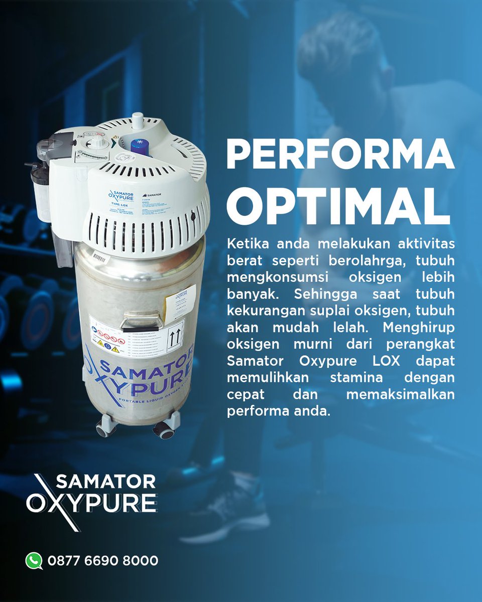SamatorOxypure's tweet photo. Ketika anda melakukan aktivitas berat seperti berolahraga, tubuh mengkonsumsi oksigen lebih banyak. Sehingga saat tubuh kekurangan suplai oksigen, tubuh akan mudah lelah, menghirup oksigen murni dari perangkat Samator Oxypure LOX dapat memulihkan stamina dengan cepat dan https://t.co/o1WIJxPHls