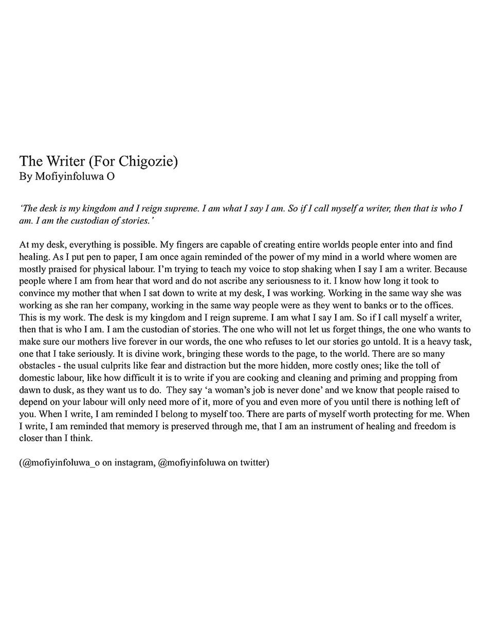 ChigozieObi_'s tweet photo. A Seat at the Table was influenced by my personal experience of being mistaken for a man because my work was perceived as “strong” &amp; “unexpected from a female artist.”

For The Writer I spoke to @__mofiyinfoluwa who wrote beautifully about her journey as a writer (text in images) https://t.co/gH6qZhN8o9