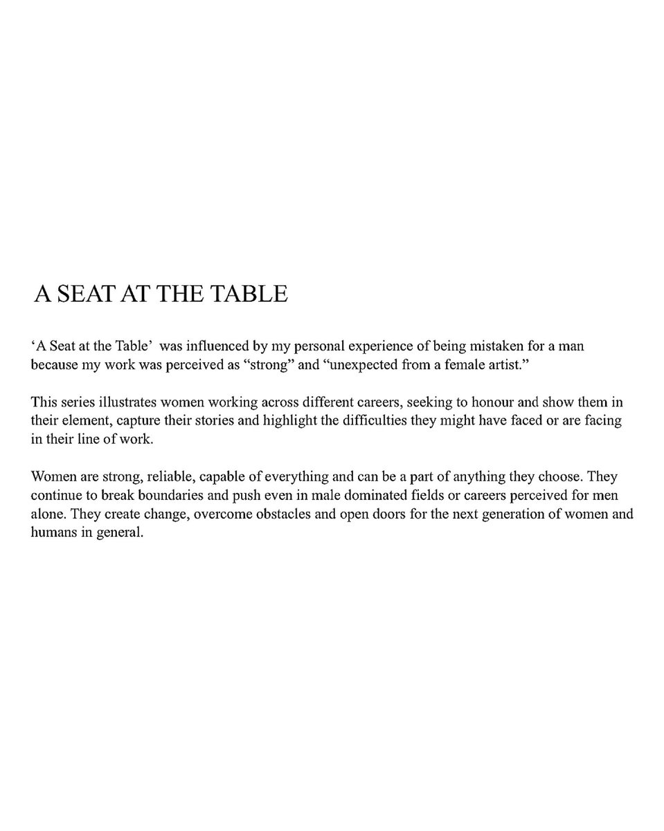 ChigozieObi_'s tweet photo. A Seat at the Table was influenced by my personal experience of being mistaken for a man because my work was perceived as “strong” &amp; “unexpected from a female artist.”

For The Writer I spoke to @__mofiyinfoluwa who wrote beautifully about her journey as a writer (text in images) https://t.co/gH6qZhN8o9