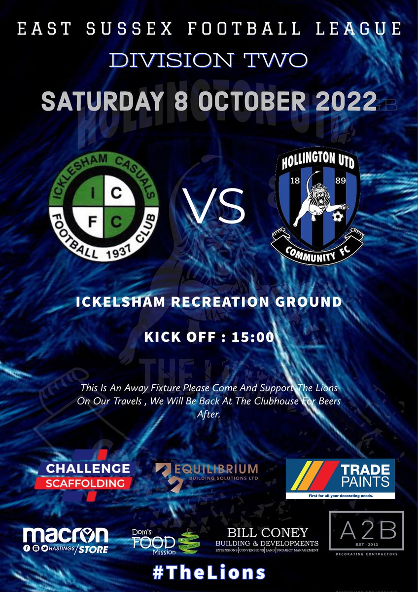 Next Up For The Lions ! Short Trip Over To Icklesham Casuals This Weekend.
Big Training Session Tonight As Competition For Places Is Hotting Up ! 

Also Managed To Add A Superb Signing To Our Squad Hoping To Feature This Week So Keep Them Peeled For That! 

#TheLions 🦁⚽