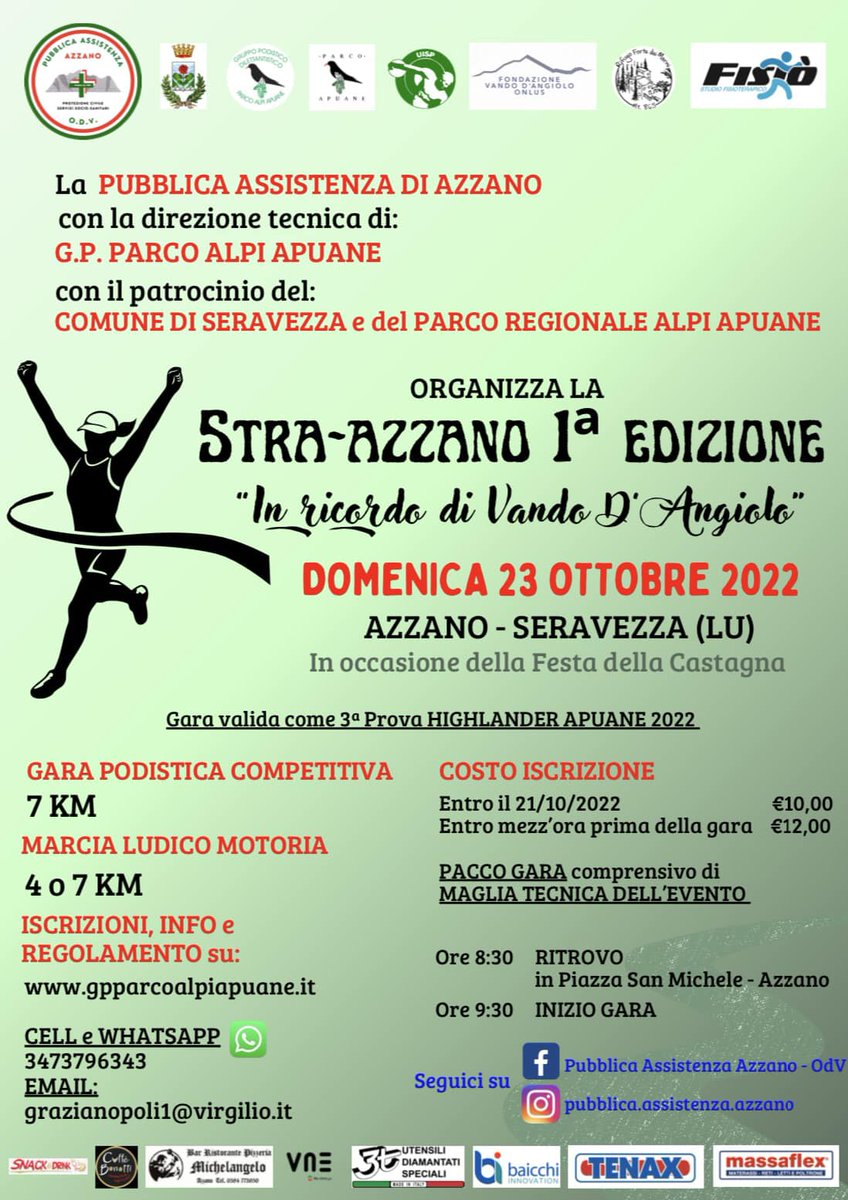 Arriva la prima edizione di STRA-AZZANO🏃‍♀️
👉Ore 08:30 ritrovo in Piazza San Michele - Azzano (Seravezza)
👉Ore 09:30 INIZIO GARA 
ℹ️Iscrizioni, info e regolamento su:
Email: grazianopoli1@virgilio.it

Al termine della gara vi aspetta la tradizionale Festa delle Castagna!🌰