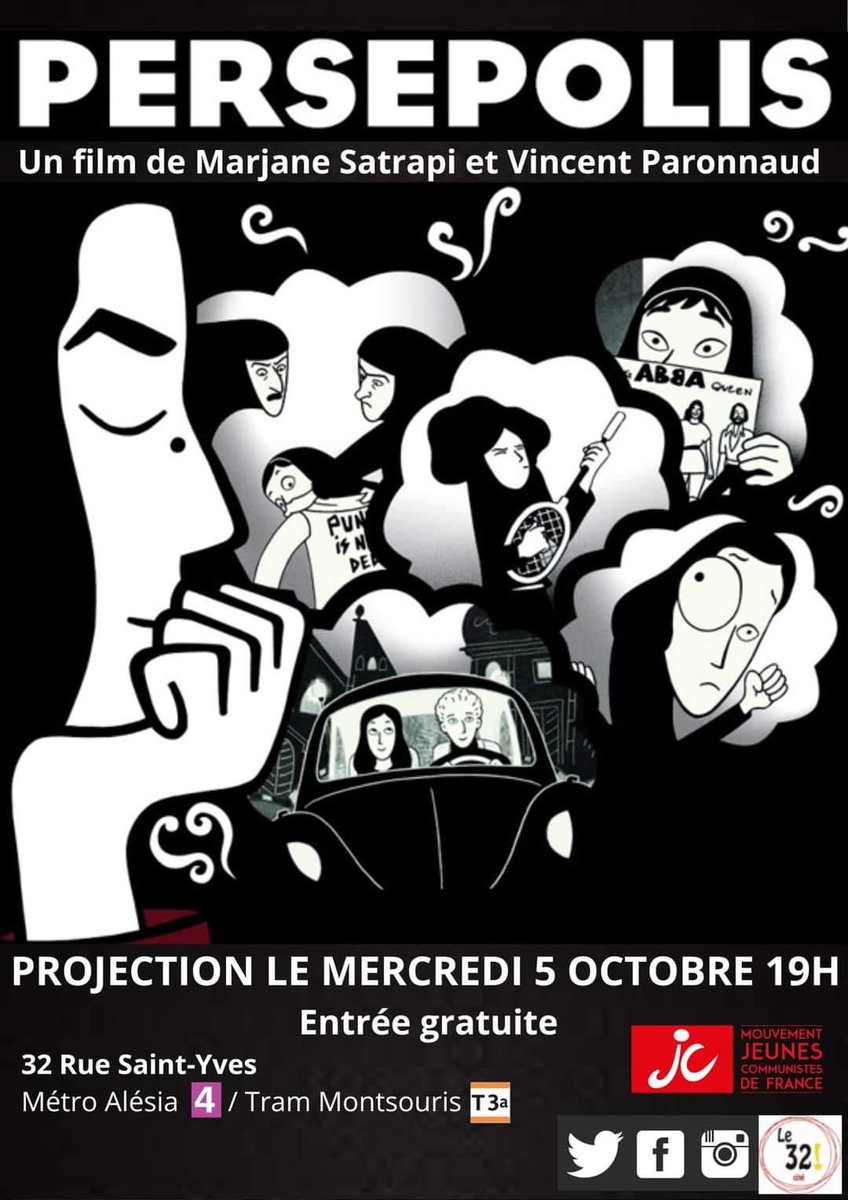 🔴 LES CINÉ-DÉBATS DE LA JC PARIS SUD 🔴

🎞 La section Sud du <a href="/MJCF75/">Jeunes Communistes 75</a> lance ce mercredi son cycle de ciné-débats.

📽 Ces projections de film suivies de débat sur le thème du film, sont l'occasion d'échanger autour de l'actualité politique !

Venez nombreux-ses voir Persepolis !