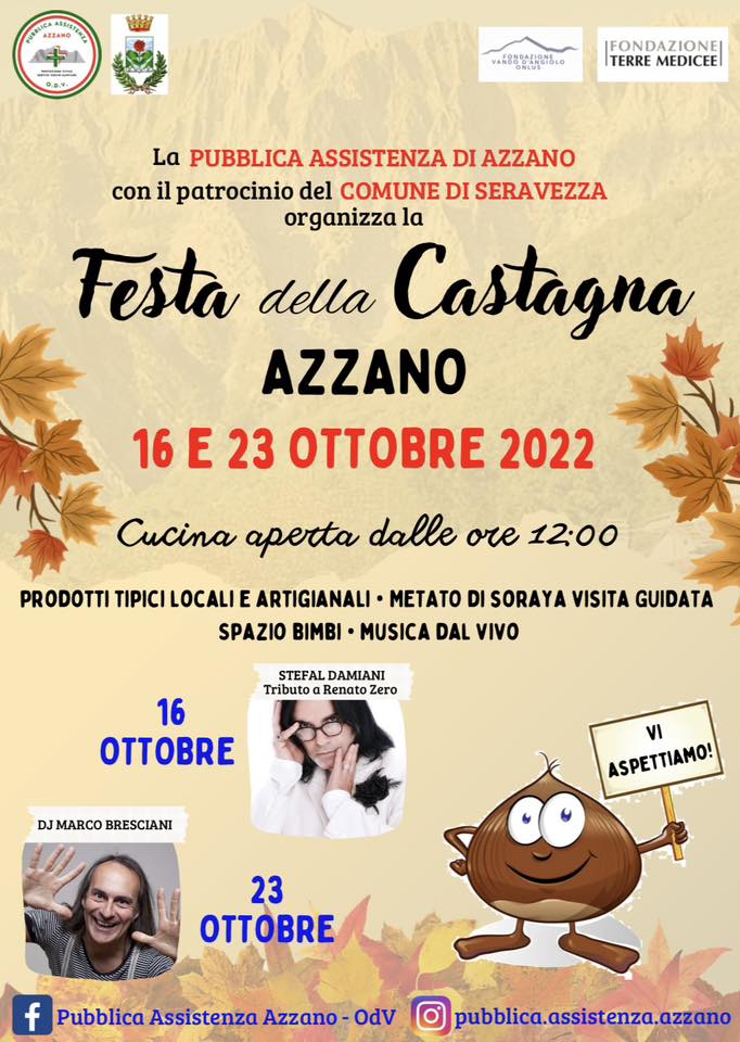 Non perderti dal 16 al 23 Ottobre la FESTA DELLA #CASTAGNA ad Azzano 🌰

👉Ci sarà un percorso enograstonomico e mercatini dell’#artigianato, visita guidata al Metato di Soraya, estemporanee di #pittura, spazio bimbi e #musica dal vivo.

🚌Servizio navetta #gratuito