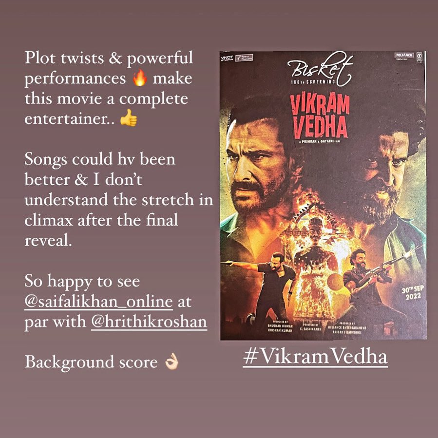 Raj_Raavi's tweet photo. #VikramVedhaReview Enjoyed 😊

@iHrithik #SaifAliKhan Superb 👌🏻 https://t.co/hTvwCfb95H