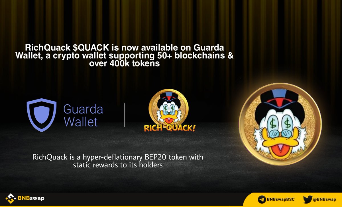 📢 <a href="/RichQuack/">QUACK</a> $QUACK is now available on <a href="/GuardaWallet/">GUARDA 💎 WALLET</a>, a crypto wallet supporting 50+ blockchains &amp; over 400k tokens!

#RichQuack is a hyper-deflationary #BEP20 token with static rewards to its holders

#BNB #BNBchain #BSC #QUACK #Memecoin #Metaverse #RichQuackArmy $BNB #BNBswap
