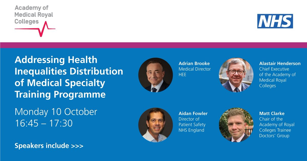 NHS England Workforce, Training and Education (@nhse_wte) on Twitter photo Join speakers from <a href="/NHSEngland/">NHS England</a>, <a href="/AoMRC/">AoMRC</a>, <a href="/AoMRCTrainees/">Academy Trainee Doctors' Group</a> and HEE at our webinar on 10 October about Distribution of Medical Specialty Training & addressing health inequalities.
You can ask them questions in advance >>>orlo.uk/UQFuC
Join event>>>orlo.uk/ZlK4P Join speakers from <a href="/NHSEngland/">NHS England</a>, <a href="/AoMRC/">AoMRC</a>, <a href="/AoMRCTrainees/">Academy Trainee Doctors' Group</a> and HEE at our webinar on 10 October about Distribution of Medical Specialty Training & addressing health inequalities.
You can ask them questions in advance >>>orlo.uk/UQFuC
Join event>>>orlo.uk/ZlK4P