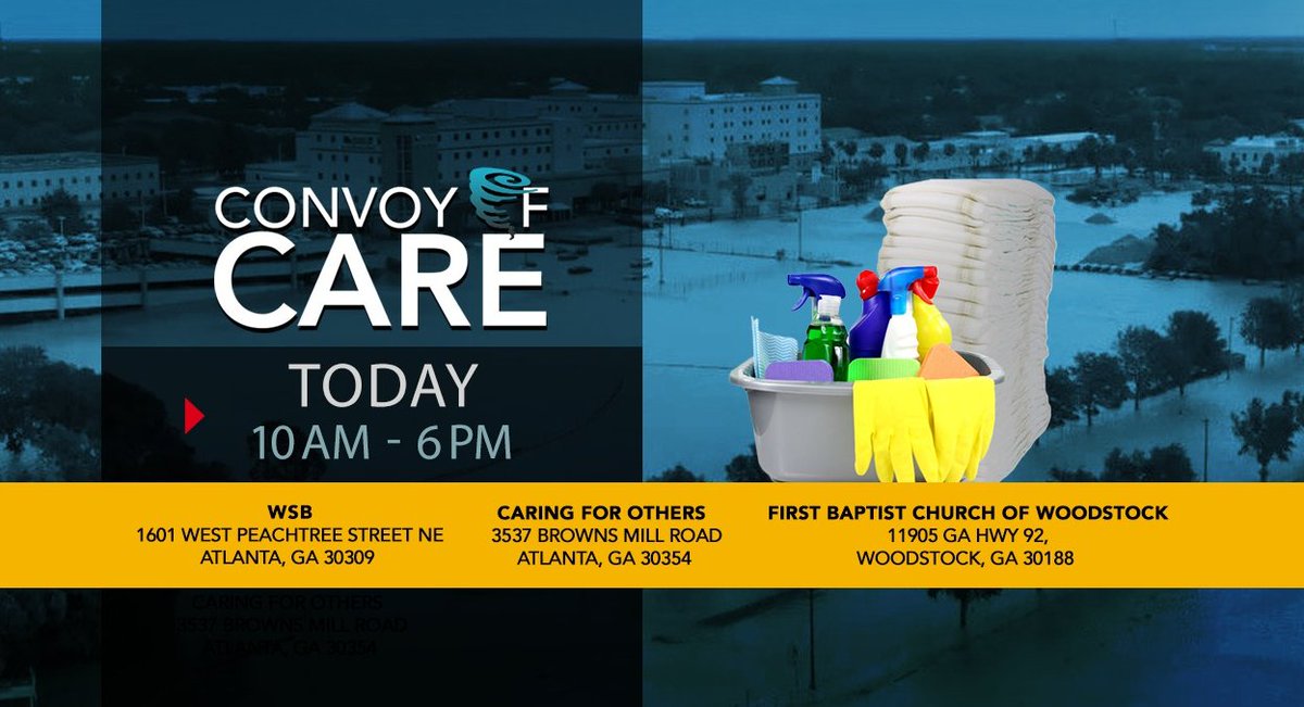 HAPPENING TODAY: We are working to help families try to recover from devastation left by Hurricane Ian. 

Convoy of Care is launching today. You can donate cleaning supplies, personal hygiene items and diapers/wipes at these locations: 2wsb.tv/3y91Lle