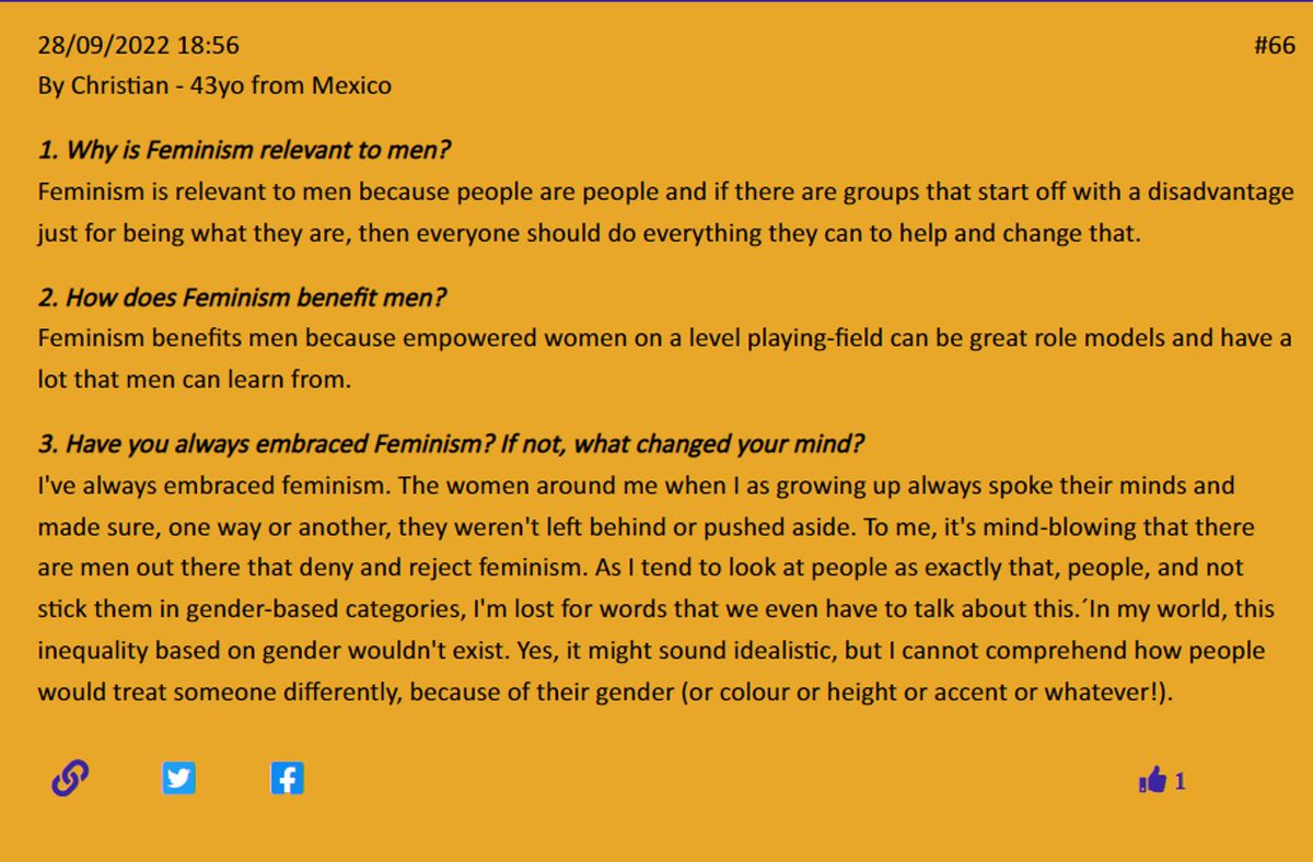 With women's rights currently being brought back into focus globally through the uproar in #Iran, it's balm for our soul to read another entry by a male #ally:
mentalkfeminism.com/?exactId=66
Check it out &amp; leave your own!
#MenTalkFeminism 
#Feminism #womensrights
#mensupportingwomen