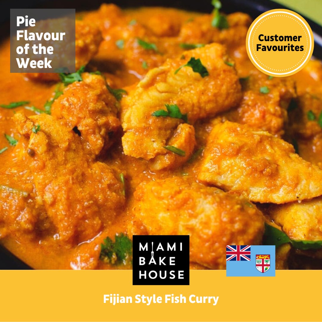 MiamiBakehouse's tweet photo. Our Pie of the Week is Fijian Style Fish Curry. 
Made with Basa fish combined with chilli, ginger, garlic, and curry powder. 

Wrapped in our signature flaky pastry and available at all Miami Bakehouse cafés until Monday 10 October. 
https://t.co/KcexoItzIW https://t.co/cmVw0IVHdw