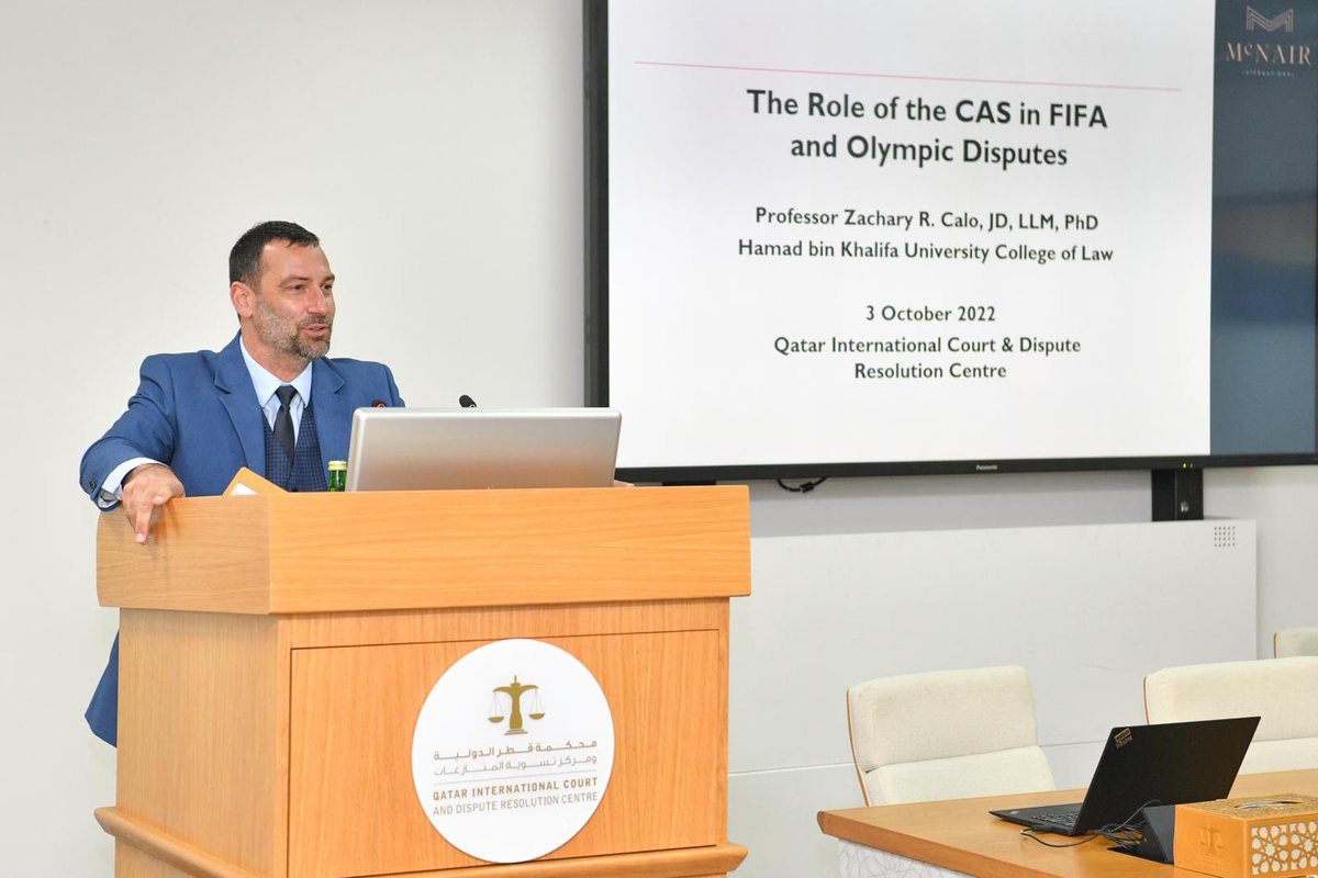 Dr Zachary Calo in today’s #QICDRC seminar discussing the Role of The Court of Arbitration for Sport (CAS) in FIFA World Cup™ and Olympic disputes.