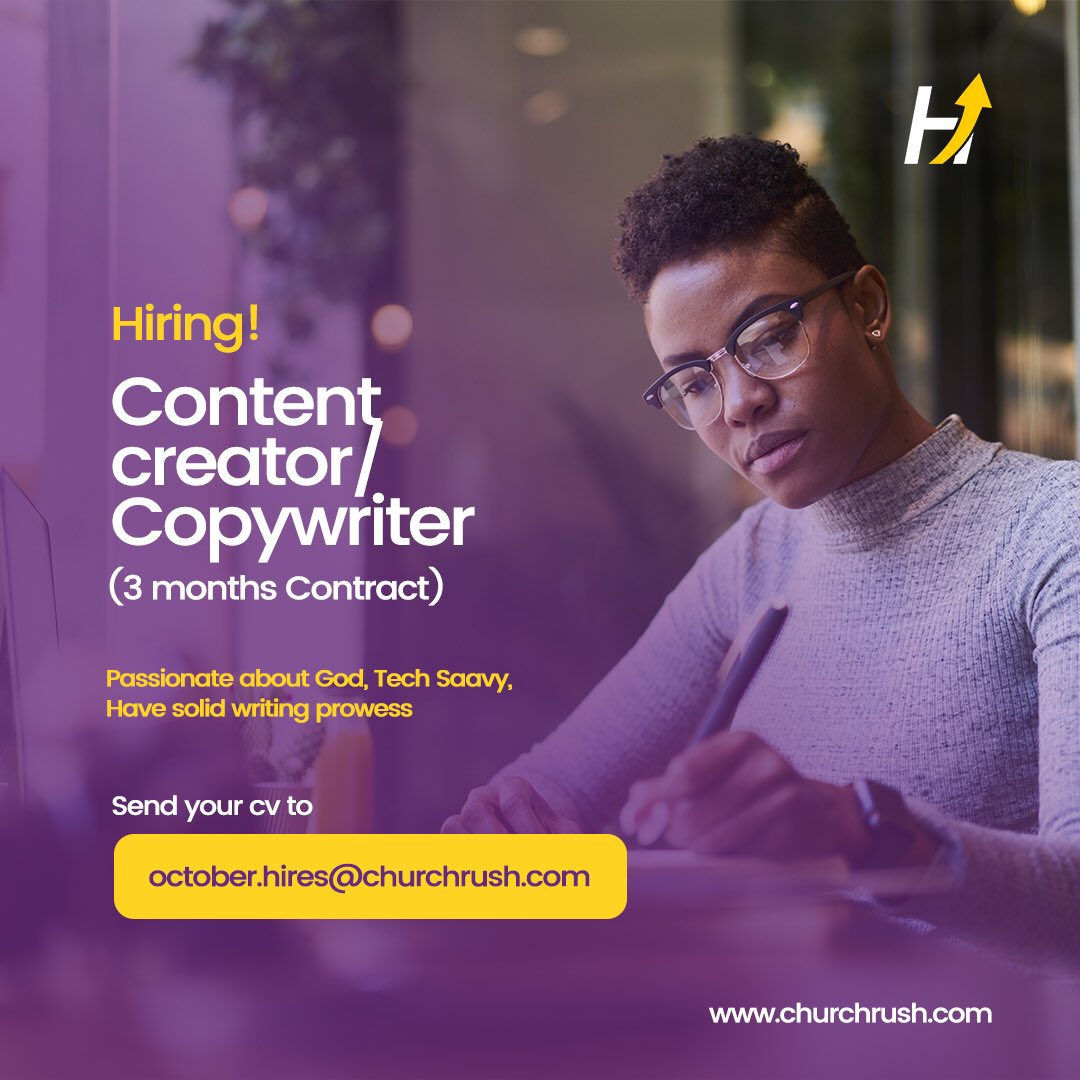 church_rush's tweet photo. Heyy 
We are Hiring
We are looking for a content creator/copywriter 

Requirements 
Applicants must be tech savvy
Applicants must reside in Lagos 
Applicants must have vast knowledge about content creation for social media 
Applicants must be Passionate about God. https://t.co/7C3ACEIL0h