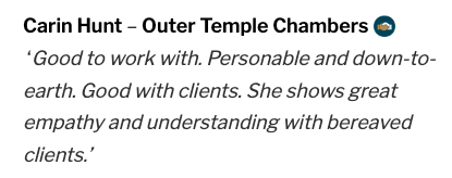 Carin Hunt (@huntcarin) on Twitter photo I am thrilled to have been ranked in The Legal 500 as Rising Star in Travel Law and in Personal Injury!
Thank you so much to my referees for their kind words.
<a href="/OTC_PI/">Outer Temple Personal Injury</a> <a href="/OTC_Travel/">Outer Temple Travel</a> <a href="/thelegal500/">The Legal 500</a> #L500UK2022 I am thrilled to have been ranked in The Legal 500 as Rising Star in Travel Law and in Personal Injury!
Thank you so much to my referees for their kind words.
<a href="/OTC_PI/">Outer Temple Personal Injury</a> <a href="/OTC_Travel/">Outer Temple Travel</a> <a href="/thelegal500/">The Legal 500</a> #L500UK2022