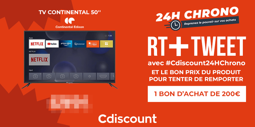 Cdiscount's tweet photo. #Concours
2 bons d'achat de 200€ à remporter 🎁

Cette TV sera en promo demain et pour 24H seulement : saurez-vous trouver son prix exact ?
👉 https://t.co/7R6PxbvouC

✅ RT + TWEET avec #Cdiscount24HChrono + le bon prix

TAS demain à partir de 9h00 🙌 https://t.co/s6eQd7v1n1